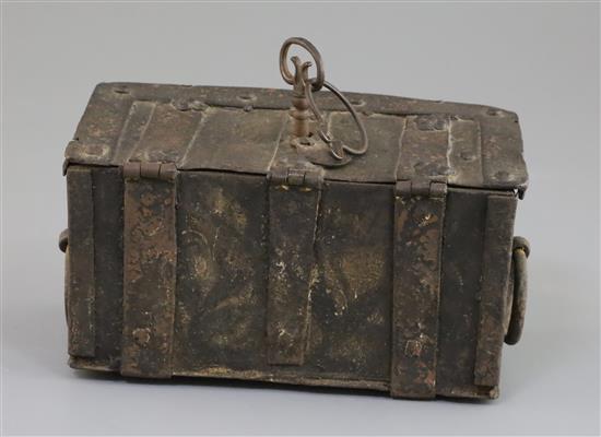 A 19th century 17th century style iron strong box, 6.5in.